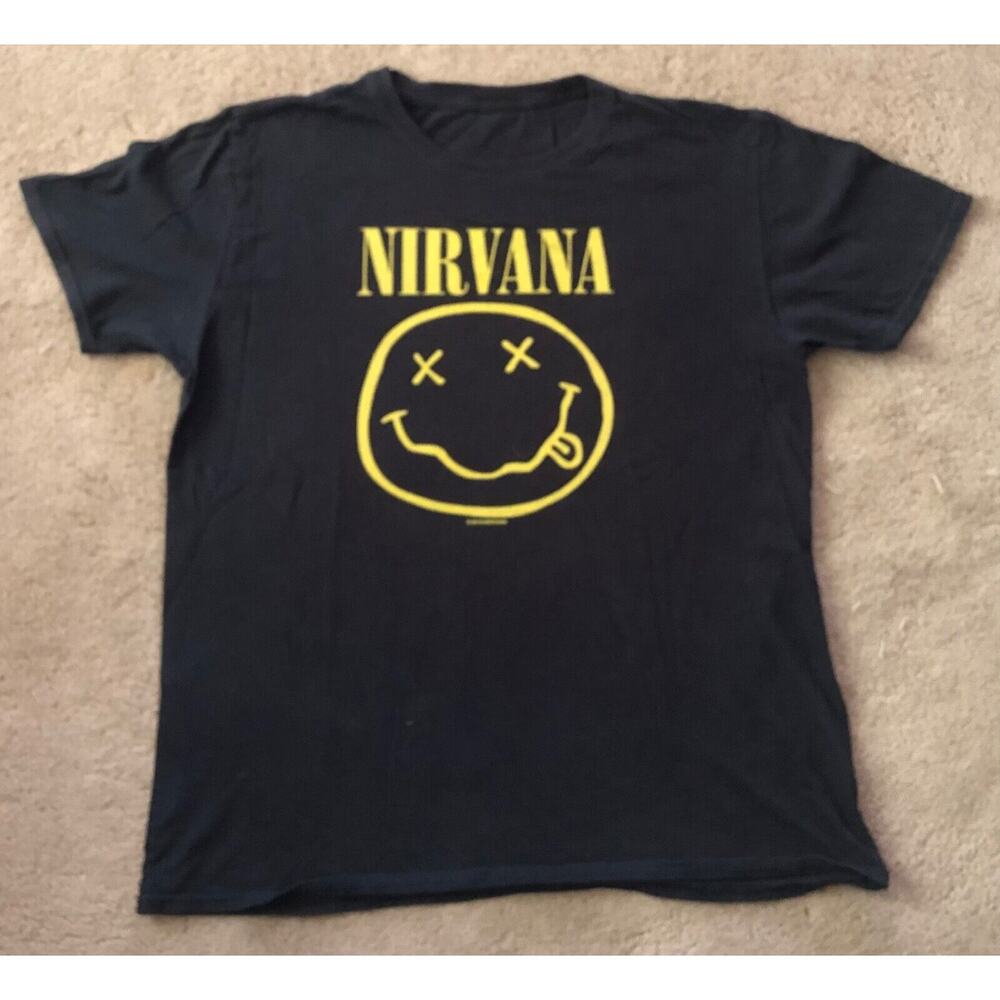 Nirvana Smiley Face Kurt Cobain Grunge 90's Black T-Shirt Medium